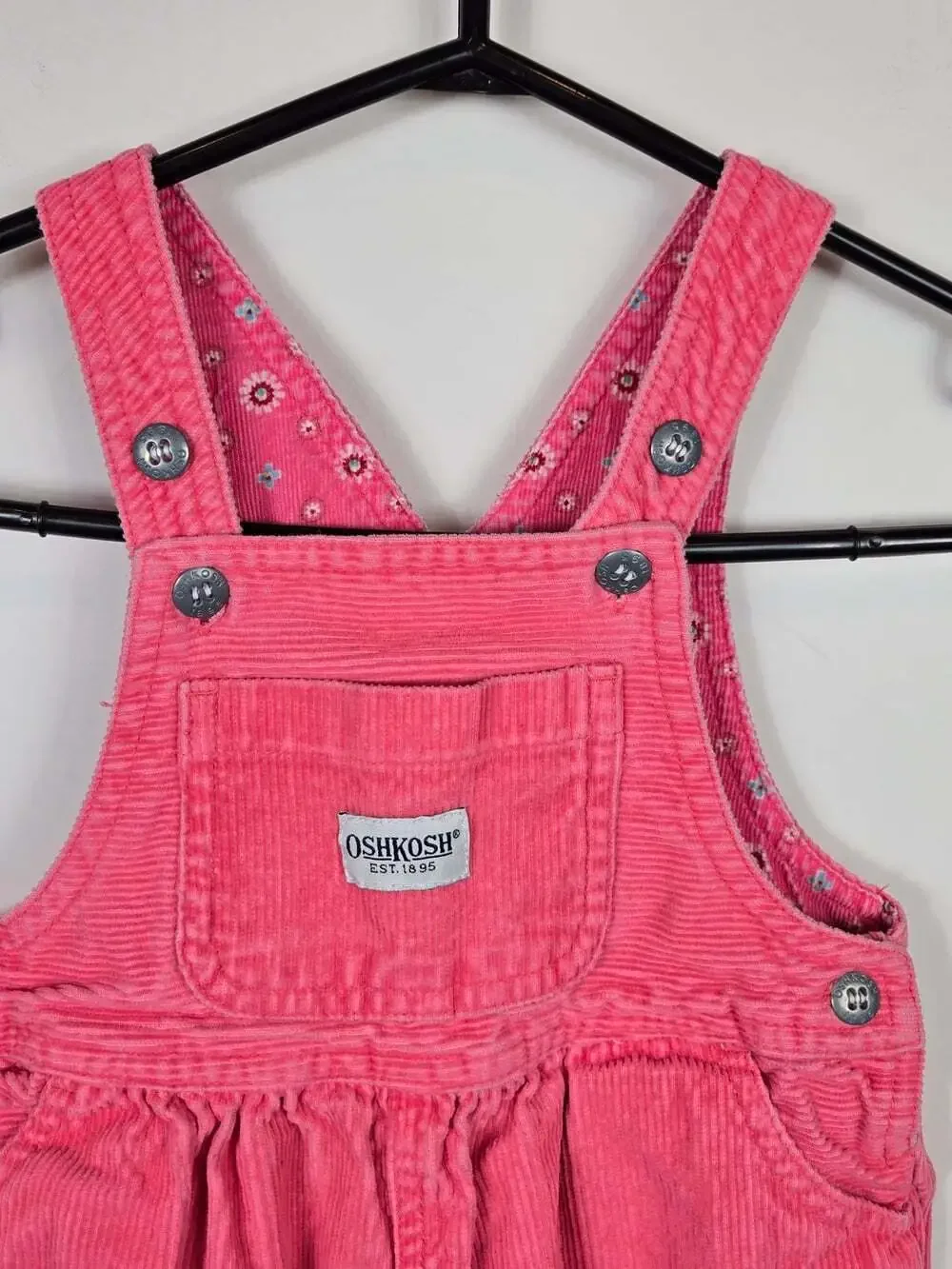 Vintage OshKosh Pink Corduroy Overalls 12M Floral Embroidered Hem 90s Baby